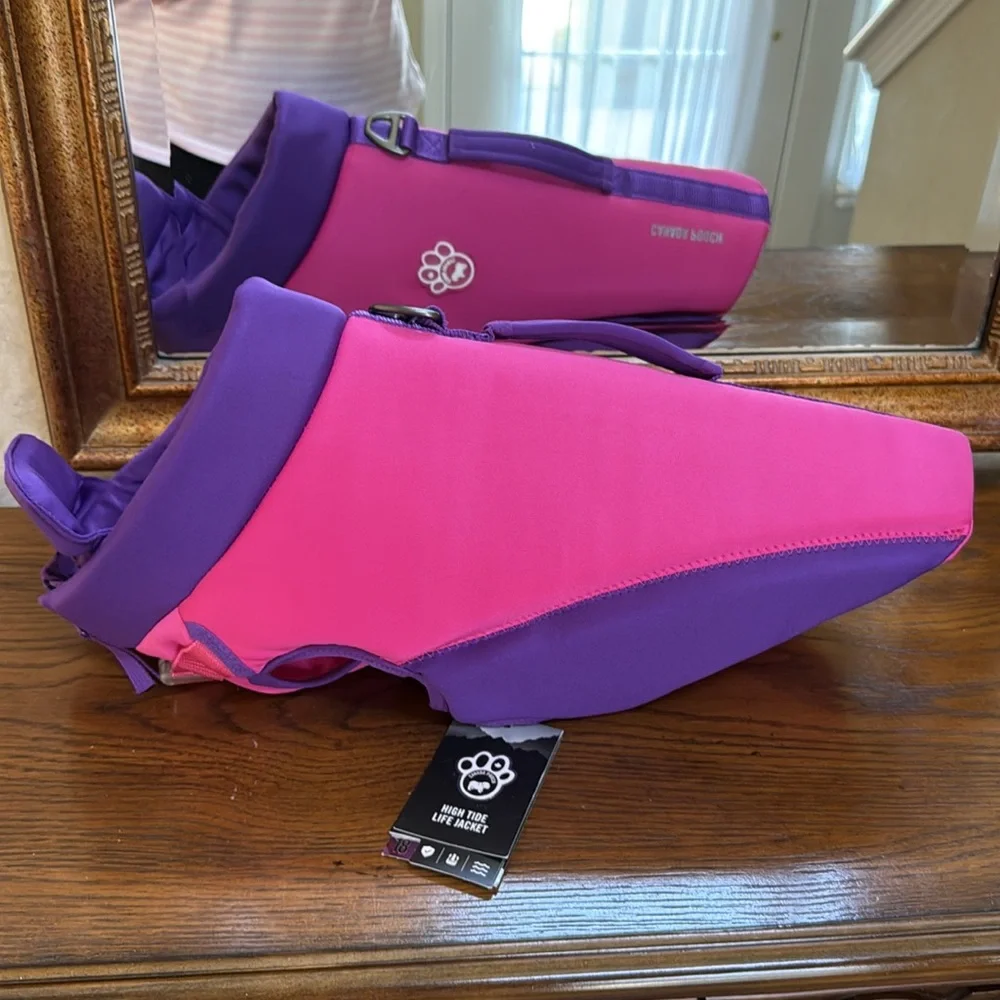 New High Tide life jacket by Canada Pooch for swimming. Pink and Purple. Size 18